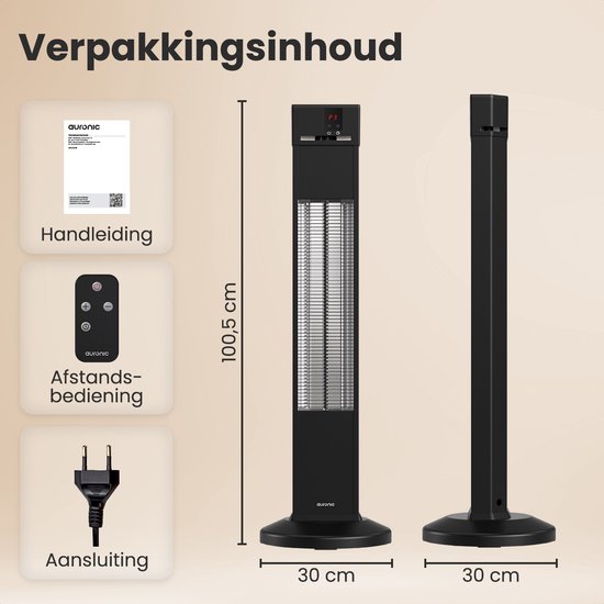 Auronic Terrasverwarmer - Infrarood Verwarming - Staand - 20m2 - Elektrisch - 2000W - Afstandsbediening - 3 Standen - Zwart