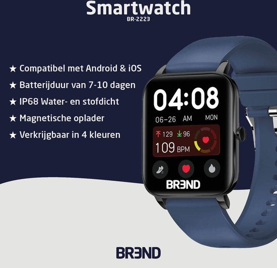 BREND Smartwatch voor Dames en Heren - Stappenteller, Bloeddrukmeter en Hartslagmeter - Sporthorloge - Waterdicht – Blauw