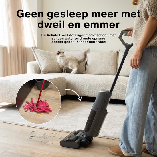 Achaté Dweilstofzuiger – 3-in-1 Steelstofzuiger met Dweilfunctie – Nat & Droog Vloerreiniger – Draadloos 55 min – Zelfreinigend – Voor streeploos schone vloeren