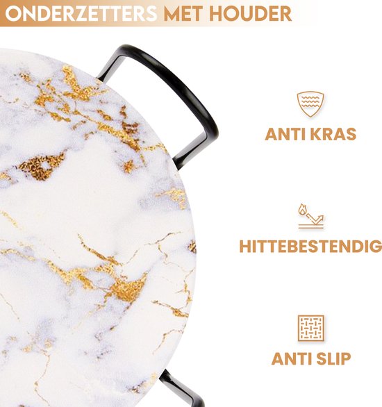 Castagnola Keramische Onderzetters met Houder – Onderzetters voor Glazen – Onderzetters Design – Onderzettersset – Drink Onderzetters – Keramisch – Kurk – Set van 6 – Wit/Goud