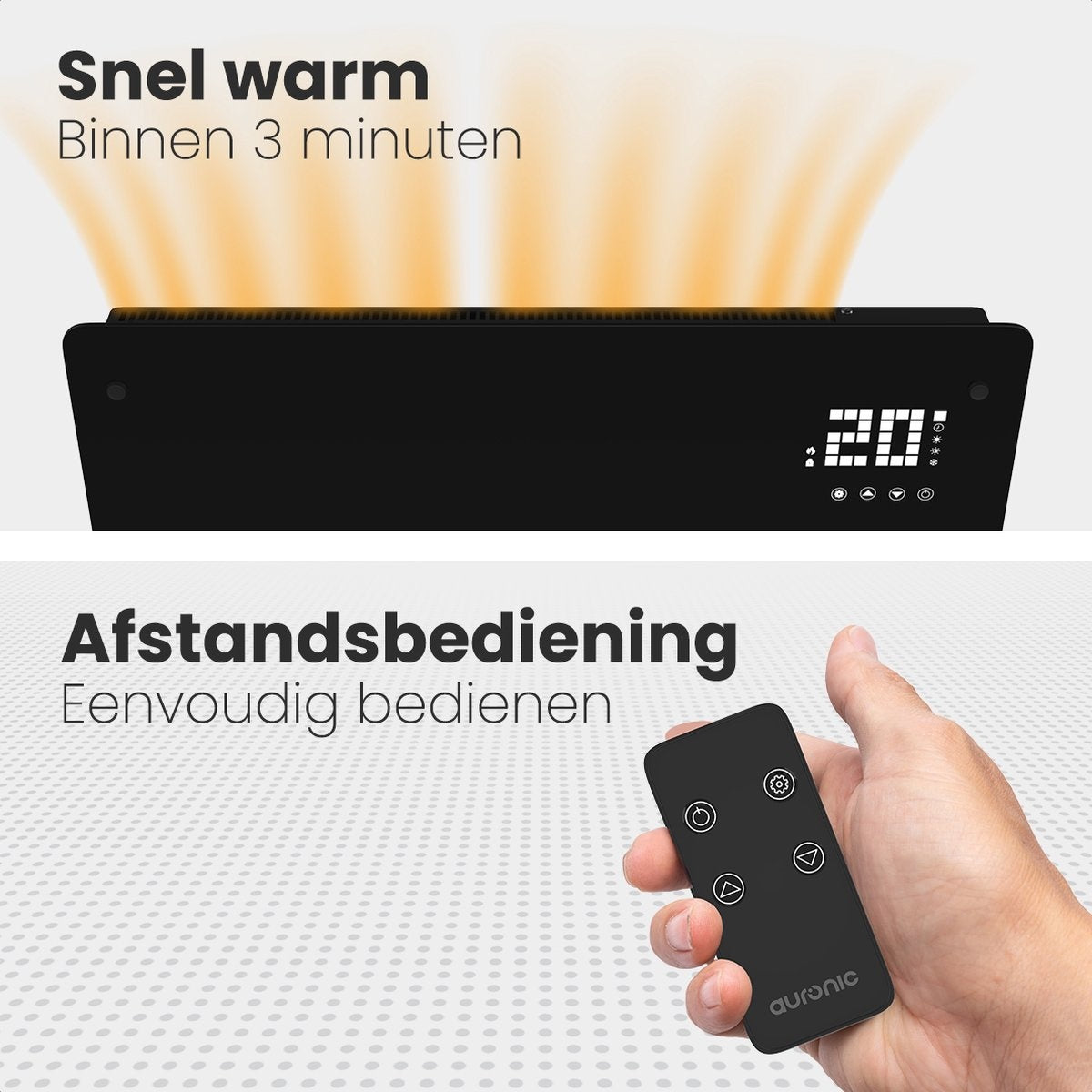 Auronic Elektrische Kachel – Convectorkachel met Thermostaat en Afstandsbediening - Paneelverwarming - tot 22 m2 - 2000W Heater - Zwart