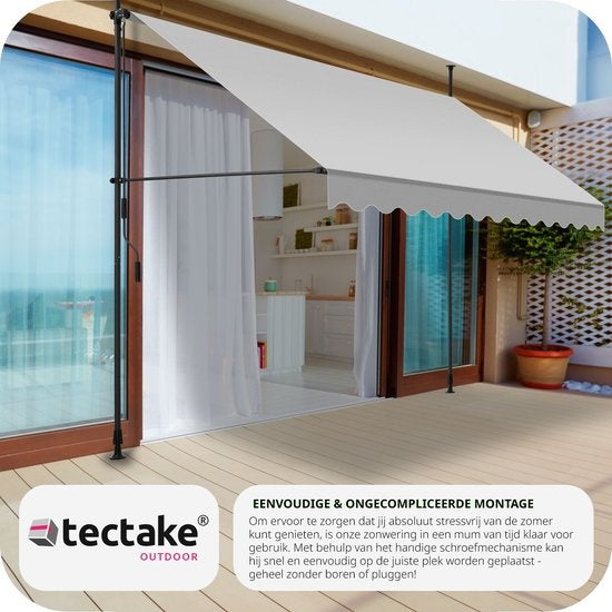 tectake - klemluifel - Zonnescherm – Zonneluifel - Verstelbaar - Klem-zonwering - Zonnescherm Balkon - 300 x 180 cm - lichtgrijs – zonwering - 404963