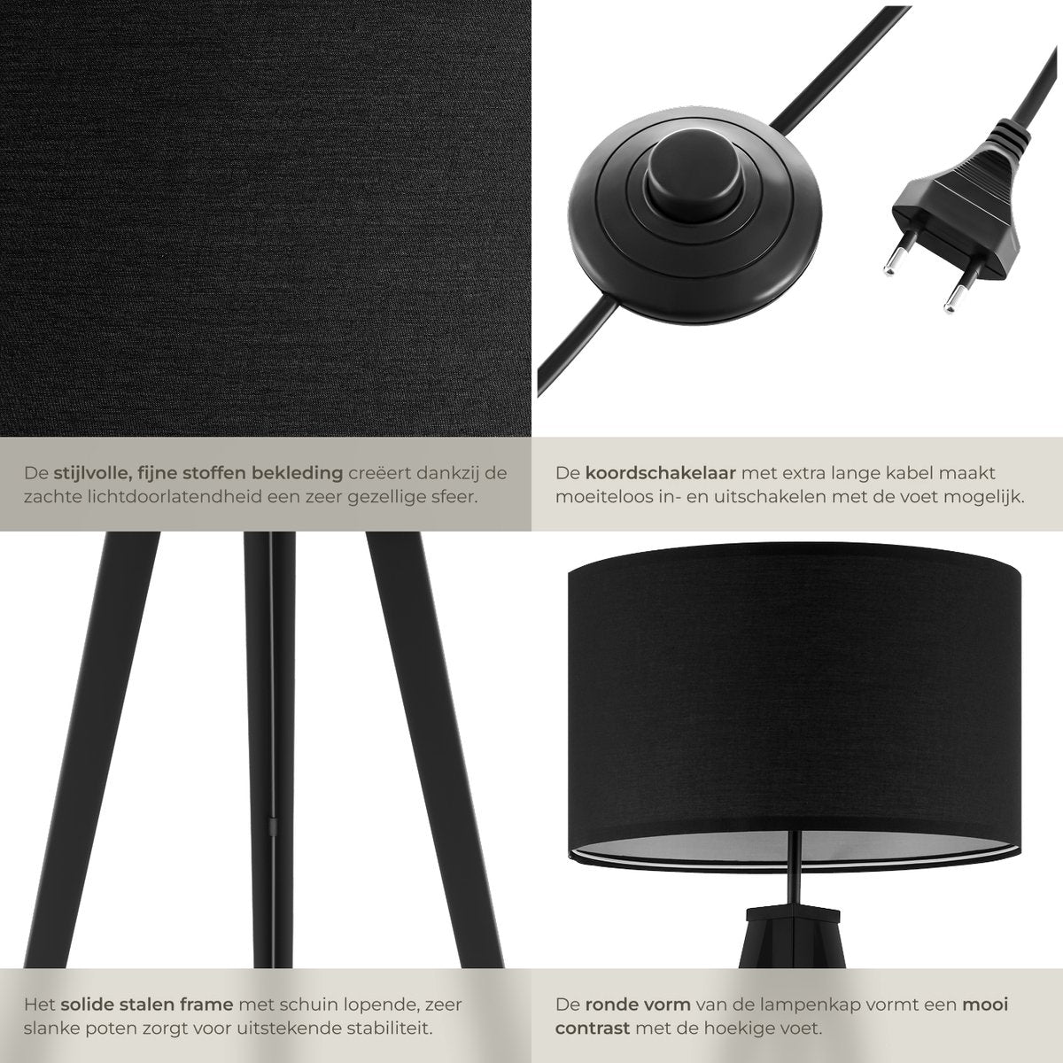 tectake® Vloerlamp - Staande lamp 3-poot - 158 cm hoog - Linnenlook kap - Voetschakelaar - Zwart