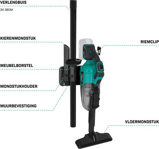 VONROC Krachtige accu steelstofzuiger – VPower 20V – Excl. accu & oplader – 0.6L opvangbak - Incl. 3 mondstukken, 2 verlengbuizen en flexibele slang