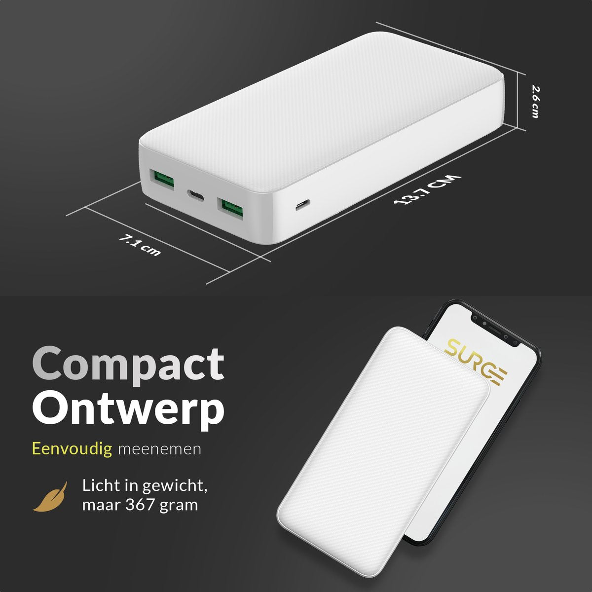 Surge Powerbank 20.000 mAh Wit – Quick Charge 4.0 & PD – Snelladen tot 3 Apparaten Tegelijk