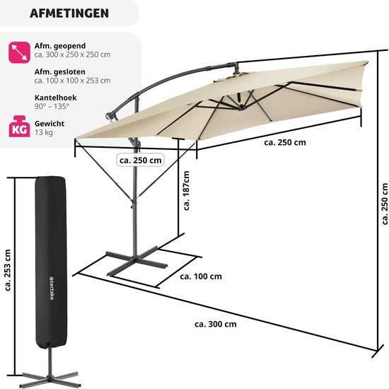 tectake - Rechthoekige parasol met beschermhoes en zwengel - Zweefparasol - Waterafstotend - Zonwering voor terrassen, tuinen en patio's - Balkonparasol groot - Marktparasol - Ø 250 cm - Beige