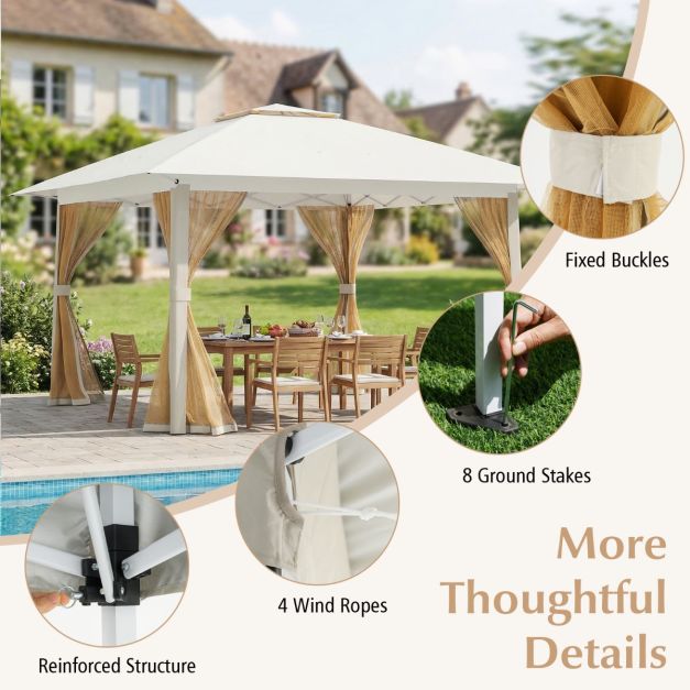 Coast Pop-up Paviljoen 394 x 394 x 277 cm - Gaaszijpanelen - Dubbel Dak - Draagtas - Beige
