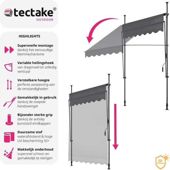 tectake - klemluifel - Zonnescherm – Zonneluifel - Verstelbaar - Klem-zonwering - Zonnescherm Balkon - 150 x 180 cm - zwartgrijs– zonwering - 404956