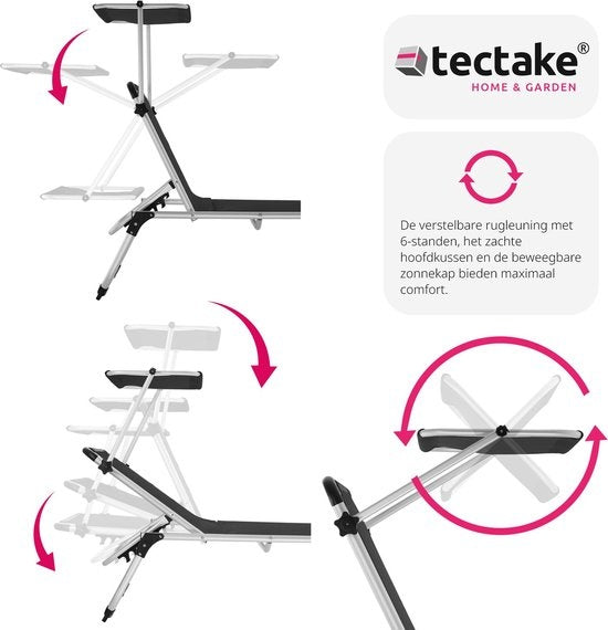 tectake® - Ligstoel ligbed zonnebed Aurelie - incl. verstelbaar zonnedak - zwart