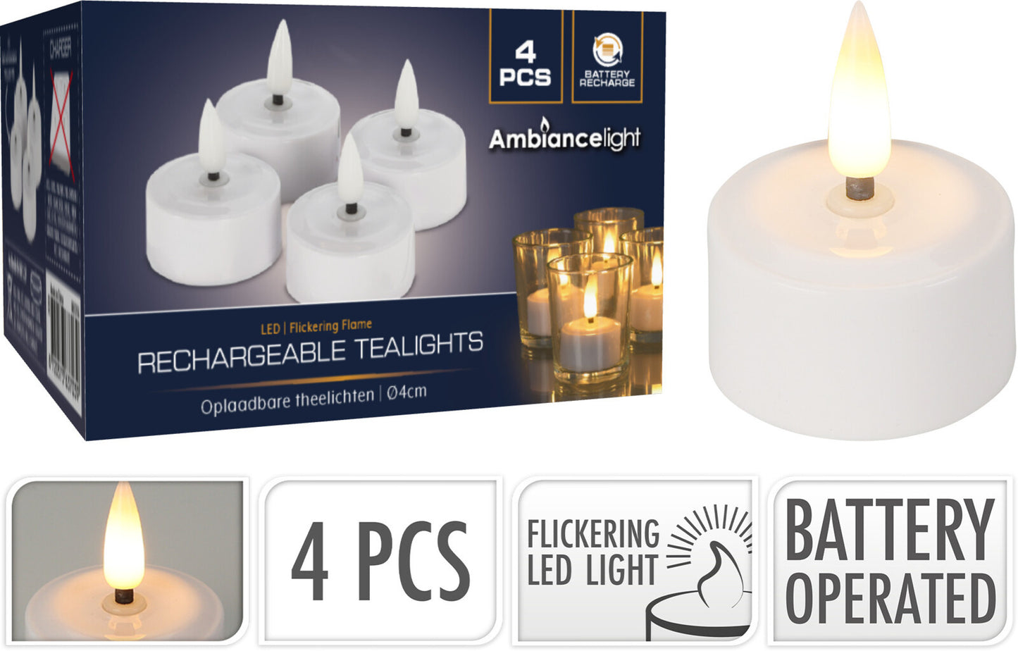 Ambiance Theelichtjes LED - Box 8 stuks - Oplaadbaar - Ø4cm *Uitbreidingsset ZONDER oplader*