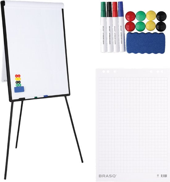 BRASQ Flipover - 70x100 cm - Verstelbaar Whiteboard - Inclusief 25 vellen papier, 4 Stiften, 8 Magneten, Wisser - Magnetisch bord met Haken - Magneetbord - Zwart