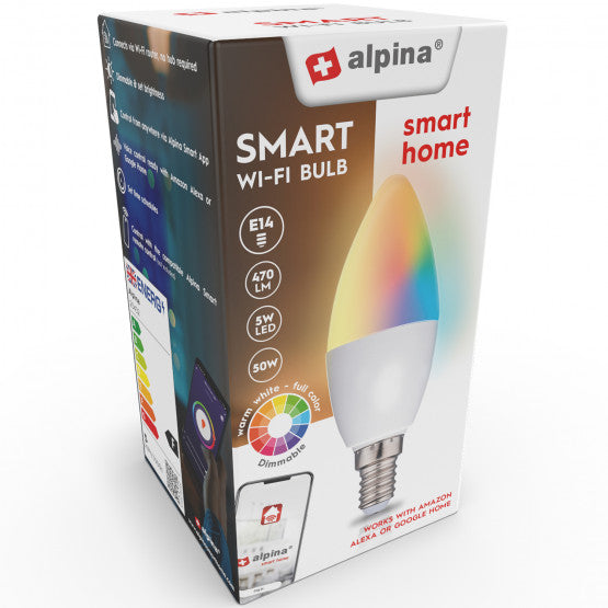 alpina Smart Home RGB Lamp - E14 - 5W - WW + RGB - Slimme verlichting - LED - App Besturing - Voice Control - Amazon Alexa - Google Home