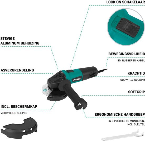 VONROC Haakse slijper 900W - Ø125mm – 11.000 tpm – Inc. zijhandgreep voor links- en rechtshandig gebruik – 3 meter kabel - excl. slijpschijf