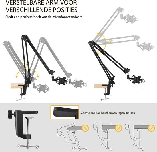 UPLY Microfoon Arm - Inclusief Popfilter en Shockmount - Zonder Microfoon - Boom Arm - Mic Stand - Statief - Opvouwbaar - 360 Graden - Zwart