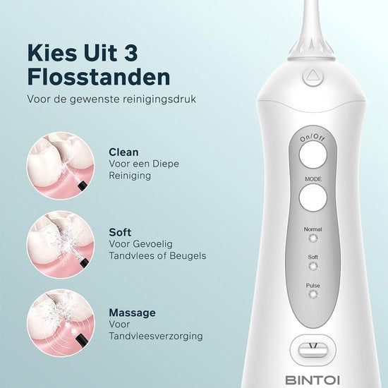 Bintoi® iSonic F500 - Waterflosser - Professionele Monddouche - Flos voor Beugels - Flosapparaten - 3 Standen en 4 Opzetstukjes - IPX7 Waterdicht - Incl. Reistas Cadeau