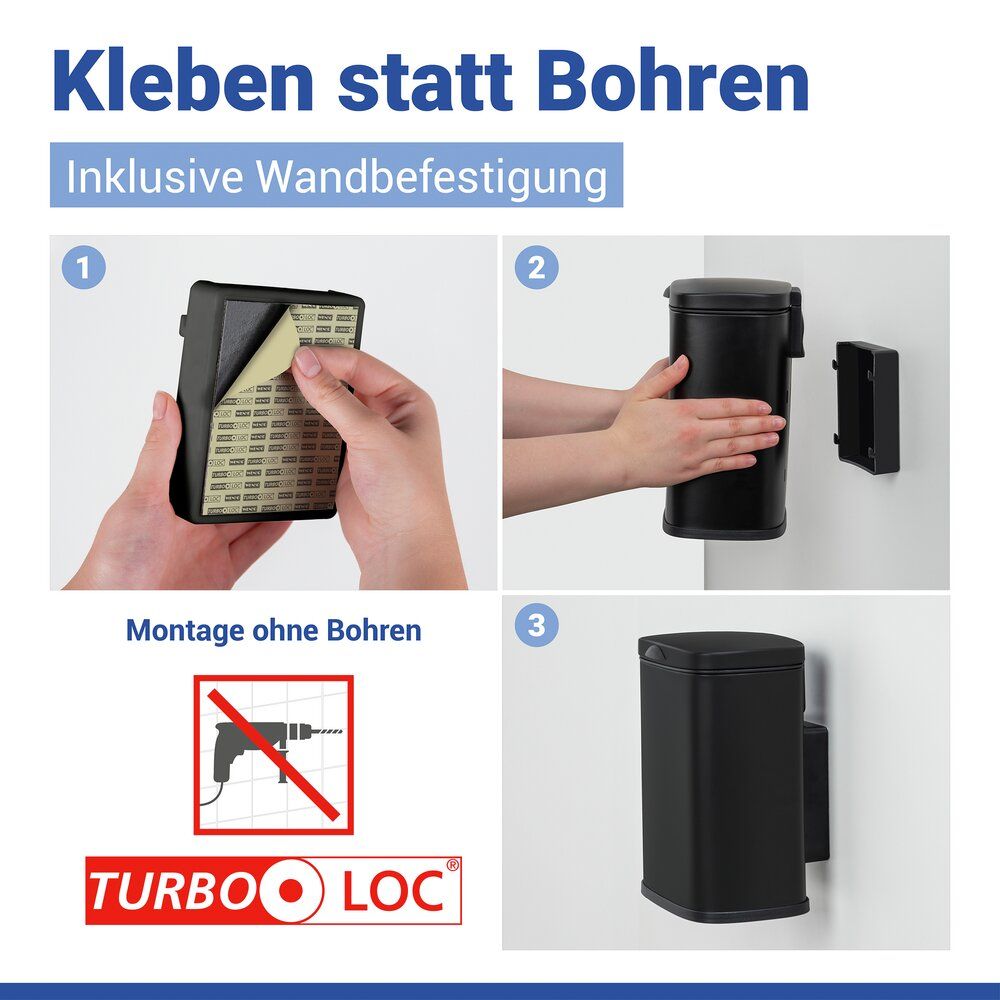 WENKO Sare Wandafvalemmer 3 Liter – Mat Zwart – Zonder Boren – Turbo-Loc®