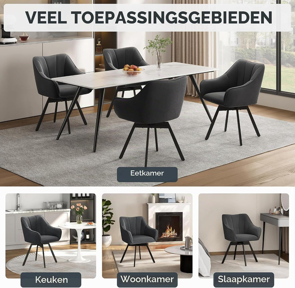 Draaibare Eetkamerstoelen Set van 2 met Armleuningen en Fluwelen Bekleding Donkergrijs