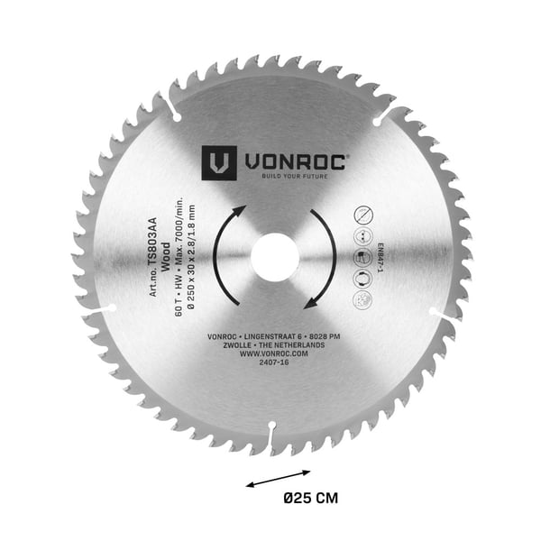 VONROC Zaagblad 60T Ø250 x 30 x 2,8/1,8 mm – Voor hout en tafelzagen