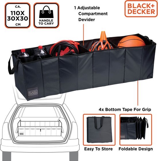 BLACK+DECKER Kofferbak Opbergbox - 110 x 30 x 30 CM - 5 Vakken - Opvouwbaar - Met Handvatten - Zwart