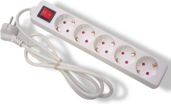 Perel Stekkerdoos met schakelaar, 5 stopcontacten met randaarde (type F), kabel 1.5 m, 3G1.5, gebruik binnenshuis, wit