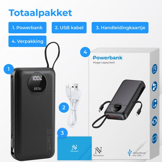 Nuvance Powerbank 20000 mAh - 22.5W Snellader Usb-C & 8-Pin - Noodpakket - 2 Poorten - 2 Geïntegreerde Kabels - Power Bank