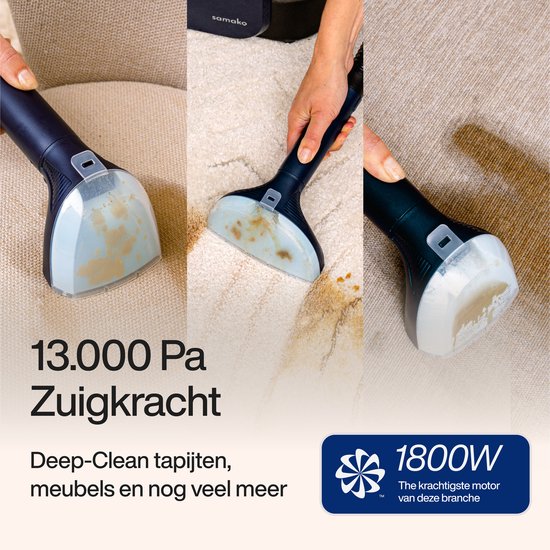 Tapijtreiniger PowerClean Pro 1800W - Stoomreiniger en vlekkenreiniger - 8 Opzetstukken - 100° Stoom - Bankreiniger - Meubelreiniger - Handstomer - Matrasreiniger - Samako