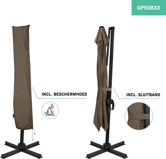 VONROC Premium Zweefparasol Pisogne 300x300cm – Incl. kruisvoet & beschermhoes – Vierkante parasol – 360 ° Draaibaar - Kantelbaar – UV werend doek - Taupe