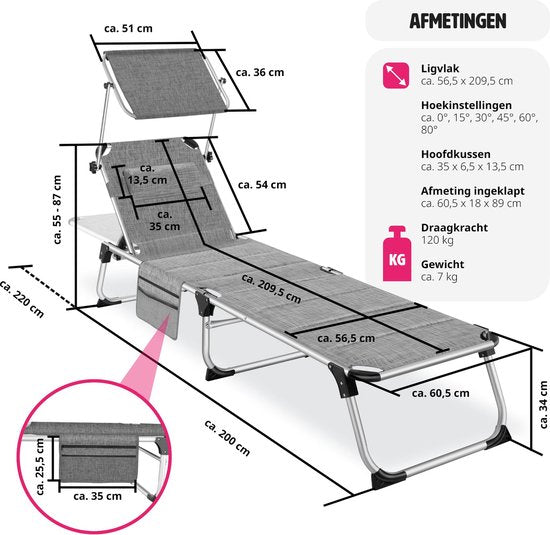 tectake® - Ligbed Lorella gestoffeerd, inklapbaar - grijs gemeleerd - 220 x 60,5 x 34 cm, met zijvak