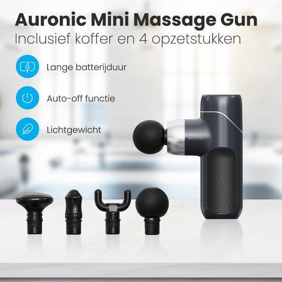 Auronic Massage Gun - Massage Apparaat - Professioneel - 4 Opzetstukken en Koffer - Massage Pistool - Hele Lichaam - Donker Grijs