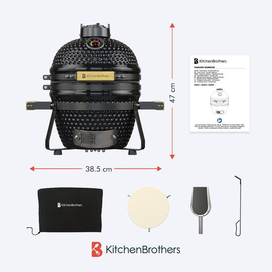 KitchenBrothers Kamado BBQ– Incl. Accessoires & Pizzasteen – 50 x 38,5 x 47 cm – Zwart