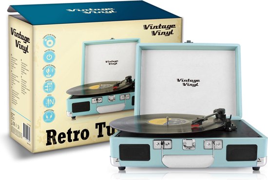 Vintage Vinyl kofferplatenspeler blauw - line-in