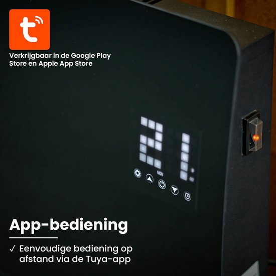 QLT Curved Verwarmingspaneel van Glas – Elektrische Kachel met App Bediening –Badkamer Verwarming met Thermostaat en Antivries – 2000 Watt - Zwart