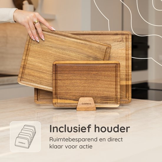 Deleca 3-delige Snijplankenset Sevilla met Houder - Snijplanken (40x30 | 33x24 | 26x18 cm) - Voor Keuken, Serveerplank, Kaasplank, Borrelplank, Snijplank en Tapasplank - FSC Acacia Hout