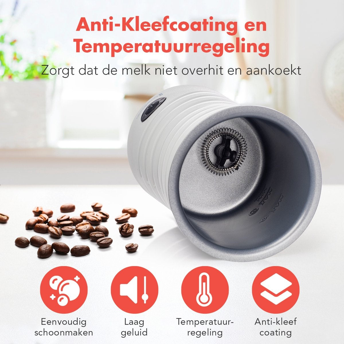 KitchenBrothers - Elektrische Melkopschuimer & Warmhoudfunctie - 240 ml - Wit RVS - 4-in-1 Functie - Modern Keukendesign - Inclusief Garde en Anti-aanbaklaag