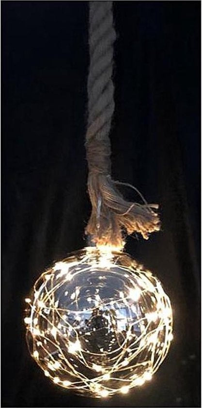 Glazen bal met 30 LED's - 15cm - jute touw 100cm