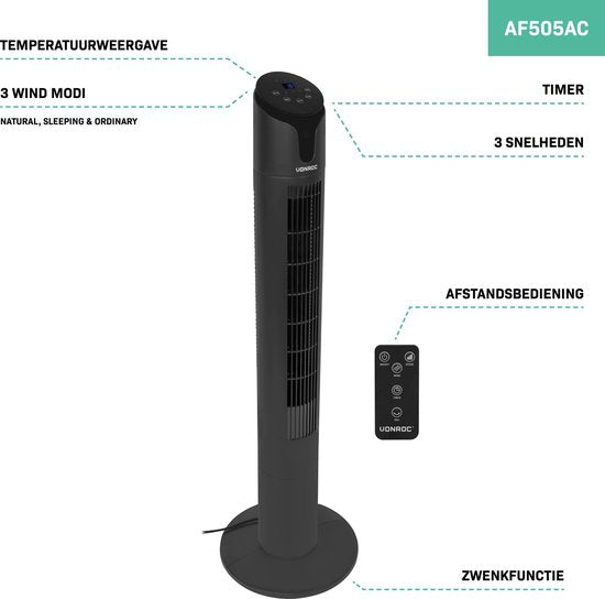 VONROC Luxe Ventilator - Torenventilator – hoogte 110 cm – Incl. afstandsbediening - 3 snelheden – zwenkfunctie - 15 uurs timer - zwart
