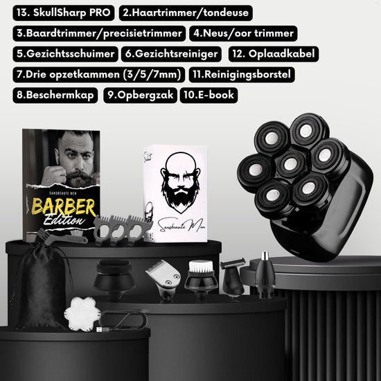 6-in-1 Scheerapparaat Mannen + Extra Scheerkop – Trimmer - Tondeuse - Sansbeauté® Skull Sharp PRO - Nat & Droog - Face en Head Shaver – Hoofd Kaal Scheren - Draadloos Opladen - Opzetstukken