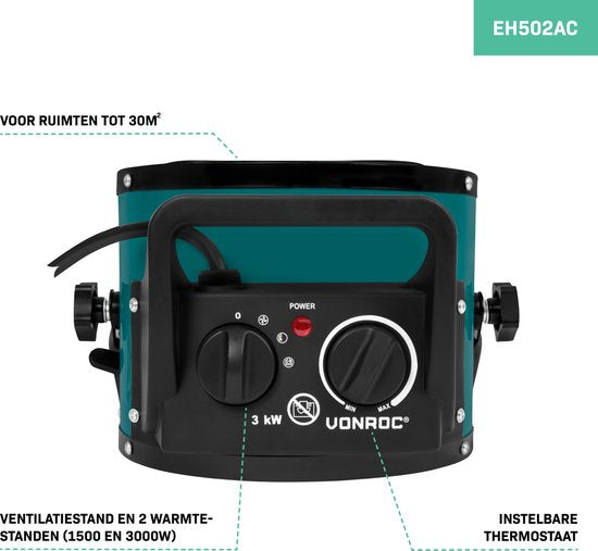 VONROC Elektrische kachel - straalkachel - 3000W - 3 standen - keramisch element - voor ruimten tot 30 m2