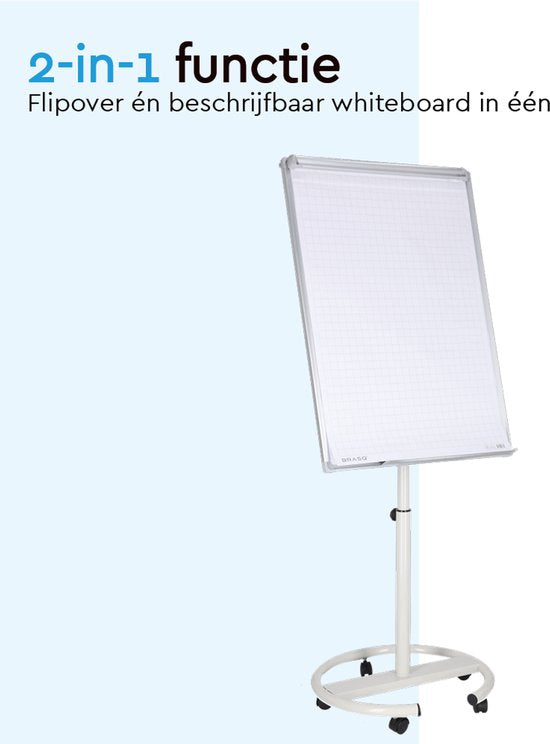 BRASQ Flipover Verrijdbaar Deluxe - 70x100 cm - Verstelbaar Whiteboard - Inclusief 25 vellen papier en accessoires - met Uitschuifbare Armen - Magnetisch bord met Haken - Magneetbord- Wit