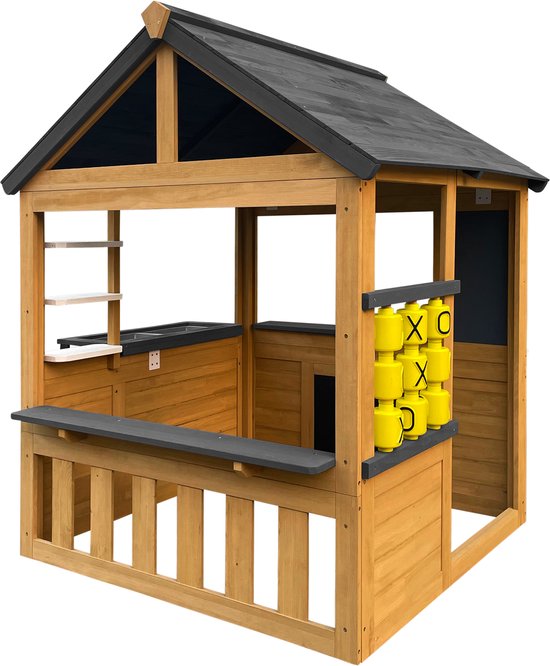 AXI Lynn Speelhuis in Bruin / Antraciet – Houten Speelhuisje met Speelkeuken, Boter, Kaas en Eieren spel en accessoires – FSC hout – Tuinhuisje voor kinderen - 10 jaar garantie!