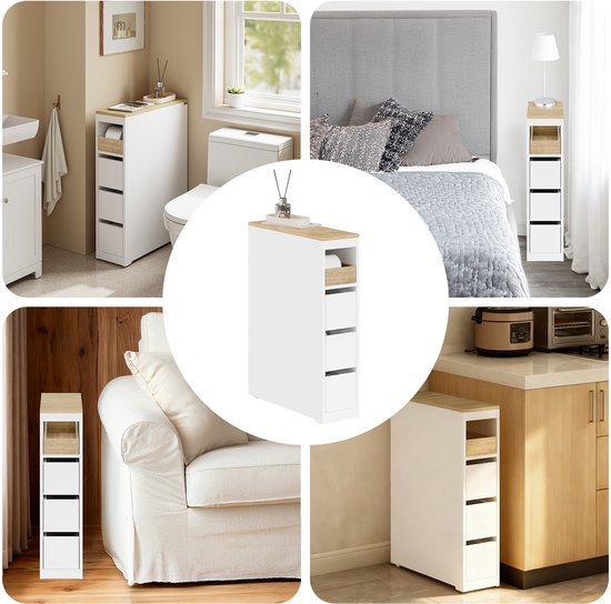 SoBuy Toiletkast 20 cm, badkamerkast met 3 laden, kleine toiletpapierkast, mobiele plank voor badkamer, toilet en keuken, wit, 60 x 20 x 82,3 cm