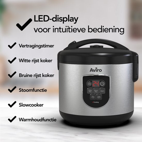 Aviro Rijstkoker - Slowcooker - 1,2L - 7 Functies - Warmhoudfunctie - Rice Cooker - Anti Aanbaklaag - Multicooker - 2-6 Personen - RVS