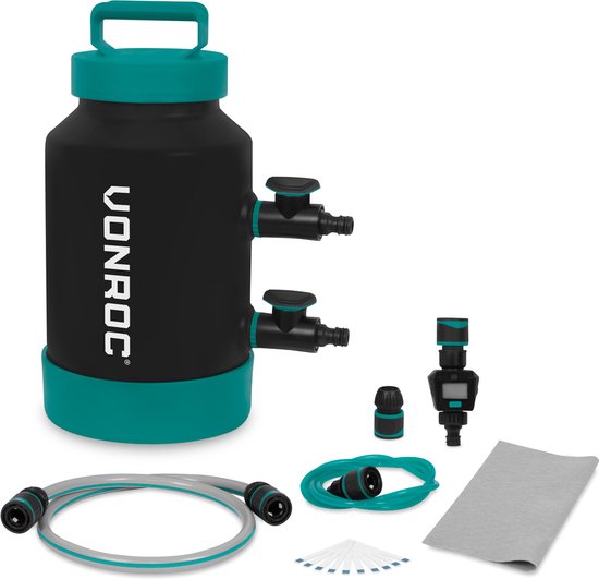 VONROC Waterontharder - draagbare ontkalker – onthardt 1000 Liter per regeneratie - Incl. Watermeter, teststrips voor waterhardheid, slangen & koppelingen