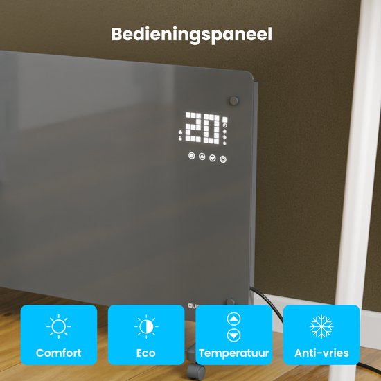 Auronic Elektrische Kachel – Convectorkachel met Thermostaat en Afstandsbediening - Glazen Paneelverwarming - 2500W Heater - Grijs