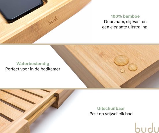 Budu Badplank Bamboe - Badplank voor in bad - Verstelbaar badrek - Houten badplank - Badrekje - Badplank hout - 70-105 cm