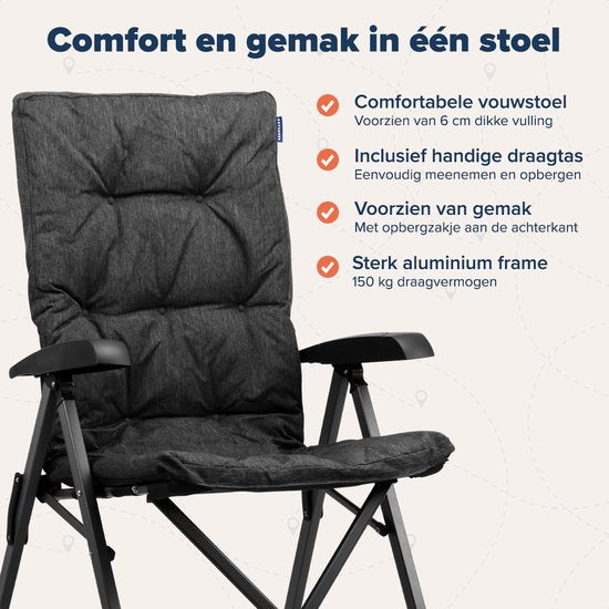 TRVLMORE Campingstoel - Inclusief Draagtas - Comfortabele Vouwstoel - 150 kg draagvermogen - Kampeerstoel - Opbergvak - Klapstoel - Zwart