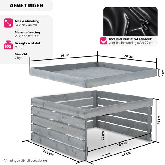 tectake® Garage voor robotmaaier - Houten behuizing met groendak, plantenbak, bloembak - Tuinopslag voor grasmaaier - Weer- en UV-bestendig - 84 x 78 x 46 cm