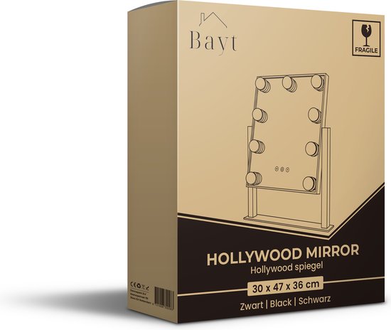 Bayt - Spiegel met Verlichting - Hollywood Spiegel met verlichting - Make up Spiegel met verlichting - Dimbaar - 10x Vergroting - 36 x 30 cm - Zwart