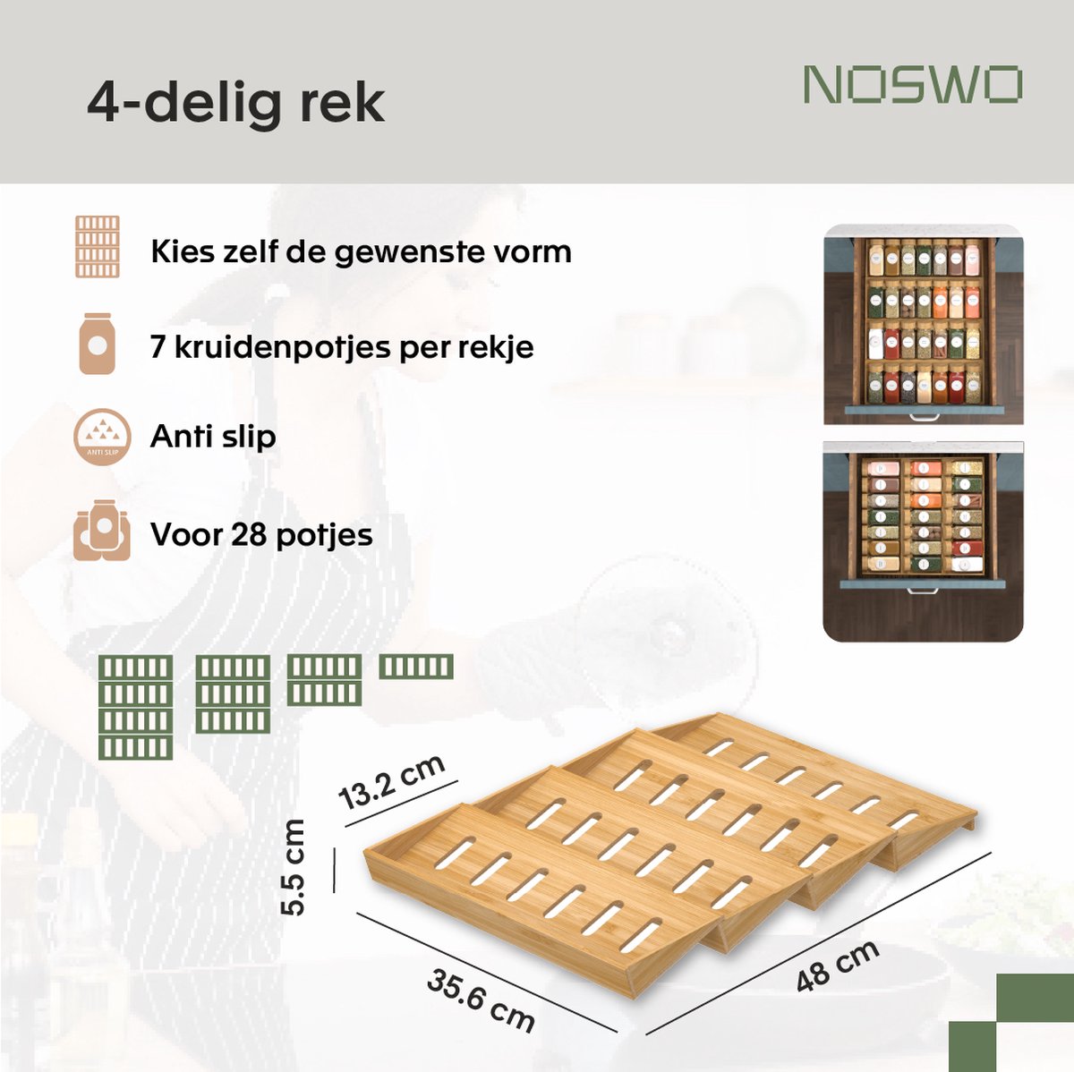 Noswo Kruidenrek Lade - Met 28 Potjes - Complete Set - Vierkant - Strooideksel en Labels - Kruiden Organizer - Keukenlade Organiser - Bamboe