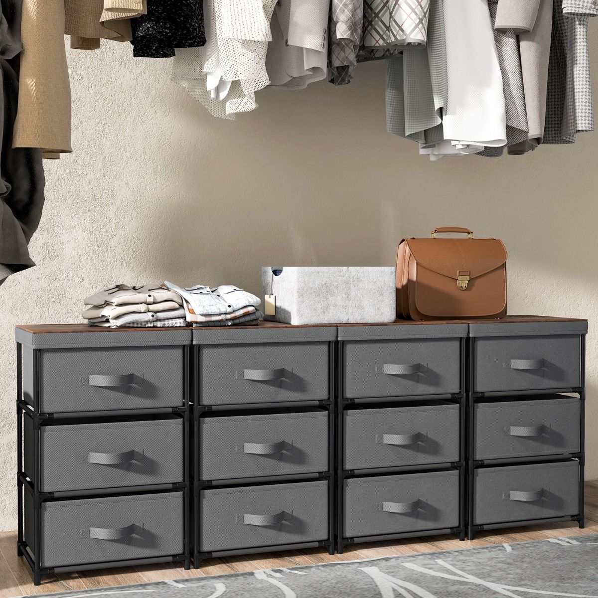 Coast Nachtkastje met stoffen lades - metalen frame - opbergkast - grijs - 40 x 30 x 62 cm